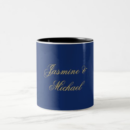 Lovely Chic Calligraphy Couple Names Blue & Gold Two-Tone Coffee Mug