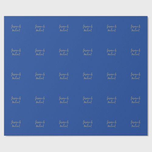 Lovely Chic Calligraphy Couple Names Blue & Gold Wrapping Paper