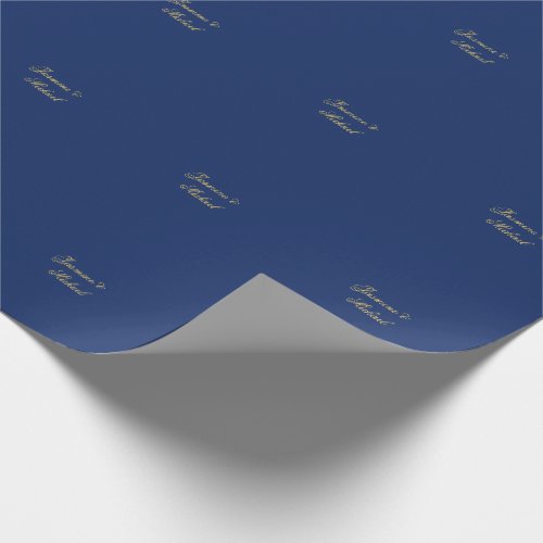 Lovely Chic Calligraphy Couple Names Blue & Gold Wrapping Paper