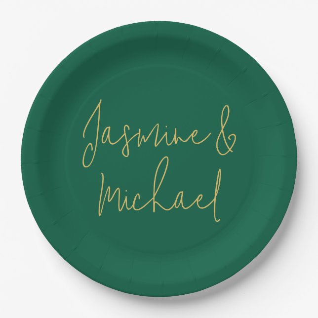 Lovely Chic Calligraphy Couple Names Green & Gold Paper Plates (Front)