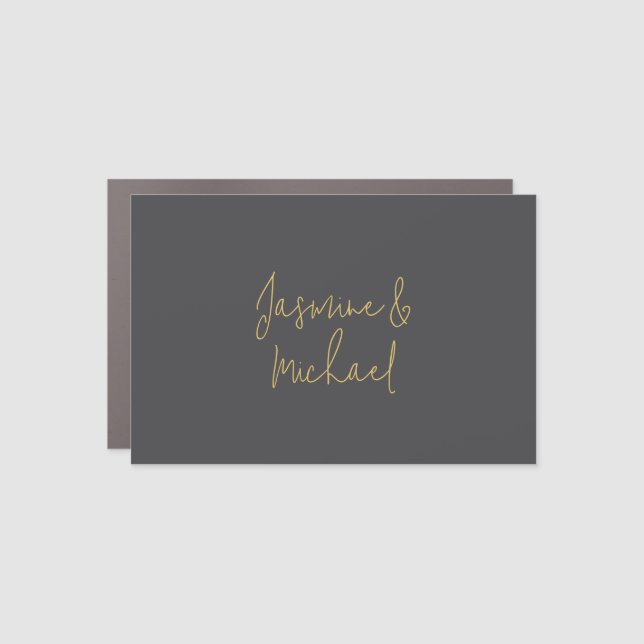 Lovely Chic Calligraphy Couple Names Grey & Gold Car Magnet (Front)