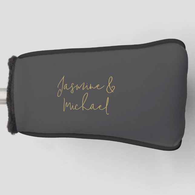 Lovely Chic Calligraphy Couple Names Grey & Gold Golf Head Cover (Front)