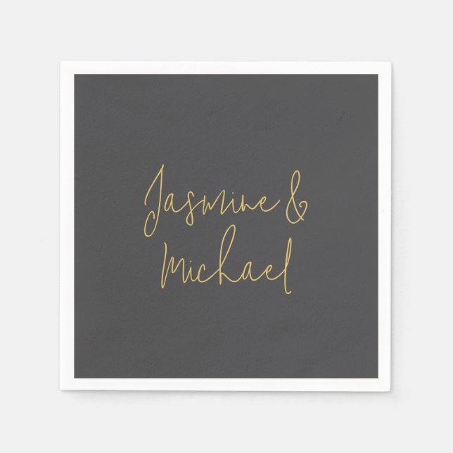 Lovely Chic Calligraphy Couple Names Grey & Gold Napkins (Front)