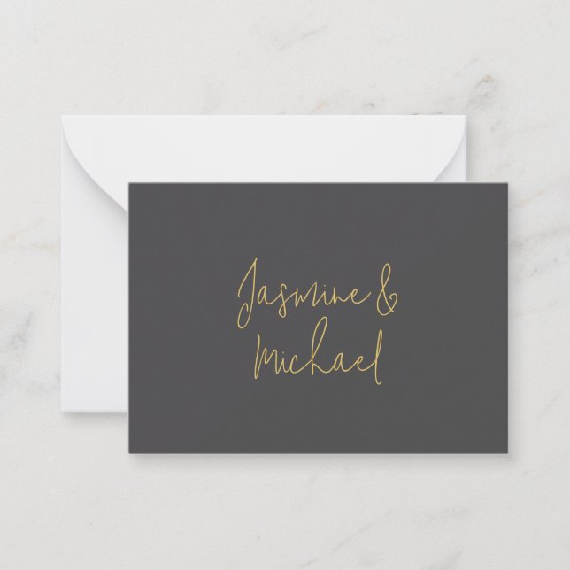 Lovely Chic Calligraphy Couple Names Grey & Gold Note Card (Front)
