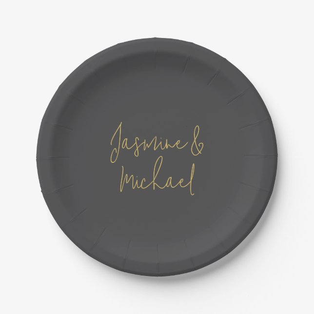 Lovely Chic Calligraphy Couple Names Grey & Gold Paper Plates (Front)
