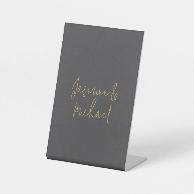 Lovely Chic Calligraphy Couple Names Grey & Gold Pedestal Sign (Front)