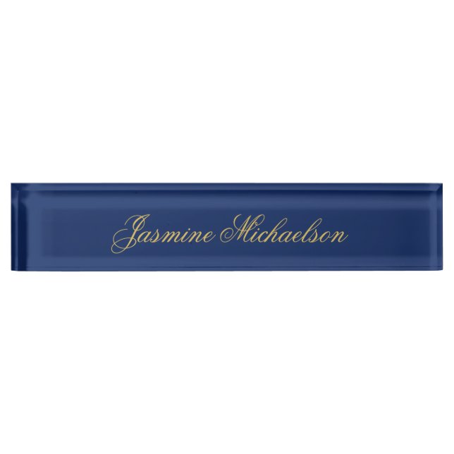 Lovely Chic Calligraphy Name Blue & Gold Desk Name Plate (Front)