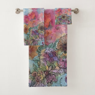 Lovely Chic Flower Garden Watercolor Painting  Bath Towel Set