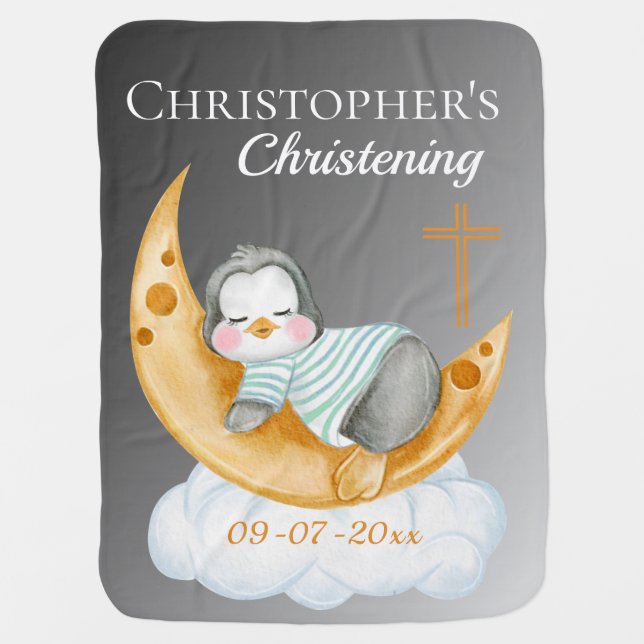Lovely Christening Baby Penguin Moon Baby Blanket (Front)