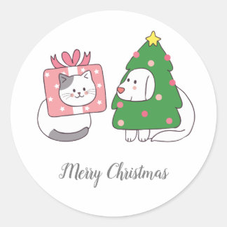 Lovely Christmas Cat And Dog Cartoon Classic Round Sticker