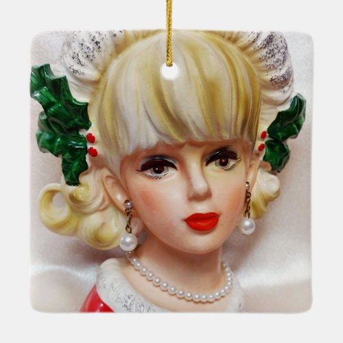 Lovely Christmas Girl Head Vase Holly and Fur  Ceramic Ornament