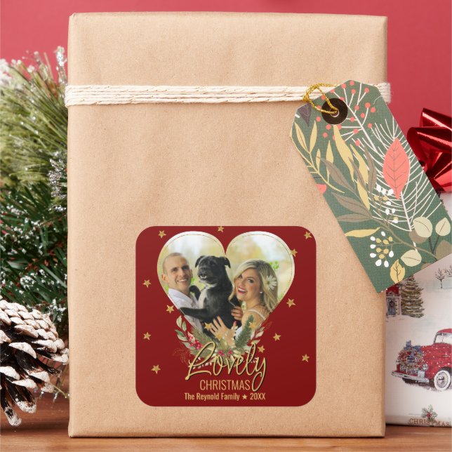 Lovely Christmas Gold Glitter Star Heart Photo Red Square Sticker (Holiday)