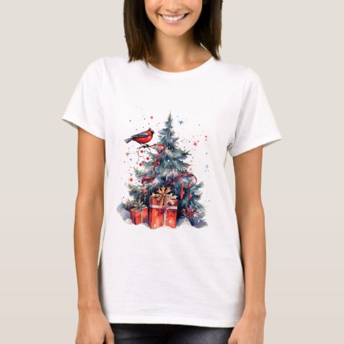 Lovely Christmas Tree with Bird Ladies Graphic T_Shirt