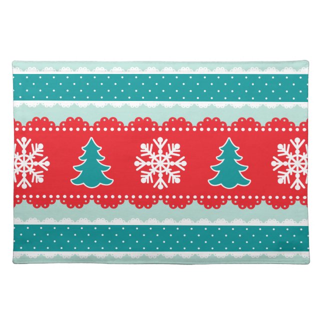 Lovely Christmas Trees Snowflakes Red&Teal Design Cloth Placemat (Front)