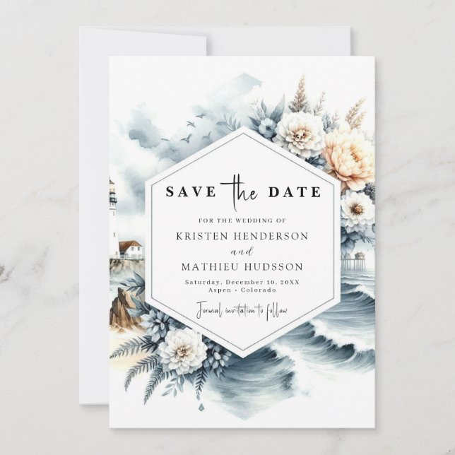 Lovely Classic Waves Lighthouse Wedding Save The Date (Front)