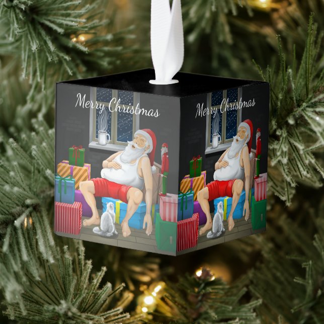 Lovely Coffee Time with Santa Cube Ornament (Tree)