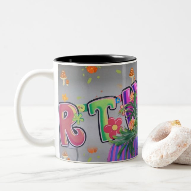 Lovely Colorful Birthday Art Print Two-Tone Coffee Mug (With Donut)