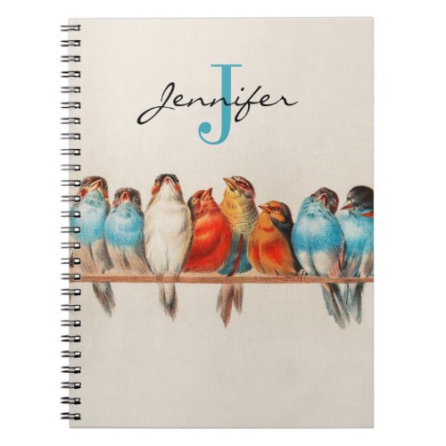 Lovely Colorful Dusty Blue Birds Vintage Monogram Notebook