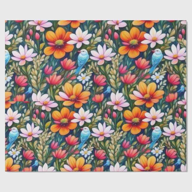 Lovely colorful flowers and birds Wrapping Paper (Flat)