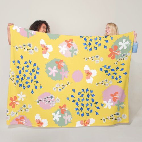 Lovely colorful summer floral l Retro l Yellow Fleece Blanket