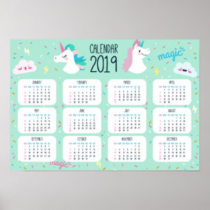 Lovely Colorful Unicorn 2019 Calendar   Poster
