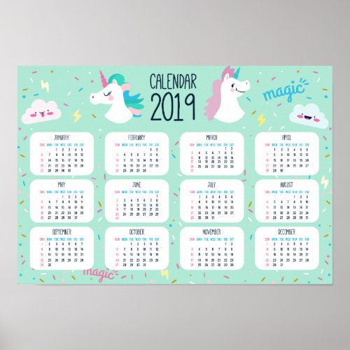 Lovely Colorful Unicorn 2019 Calendar  Poster