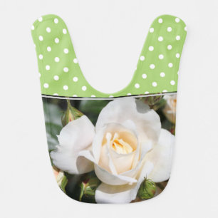 Lovely, cool green white polka dots, white rose baby bib