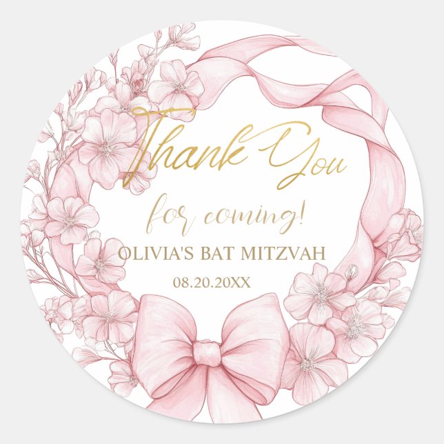 Lovely Coquette Pink Ribbon Bows Bat Mitzvah  Classic Round Sticker (Front)