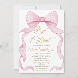 Lovely Coquette Pink Ribbon Bows Bat Mitzvah Invitation