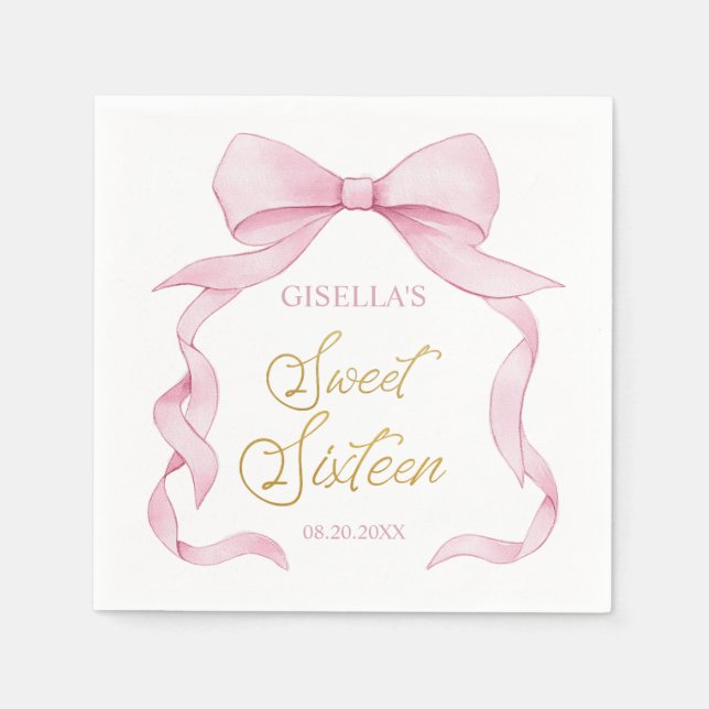 Lovely Coquette Pink Ribbon Bows Sweet 16 Sixteen  Napkins (Front)