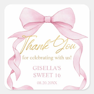 Lovely Coquette Pink Ribbon Bows Sweet Sixteen 16 Square Sticker