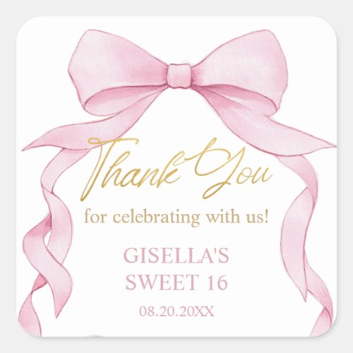 Lovely Coquette Pink Ribbon Bows Sweet Sixteen 16 Square Sticker