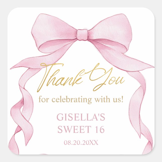 Lovely Coquette Pink Ribbon Bows Sweet Sixteen 16 Square Sticker (Front)