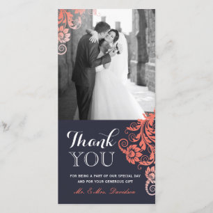 Lovely Coral and Blue Thank You Photo Card (4x8)