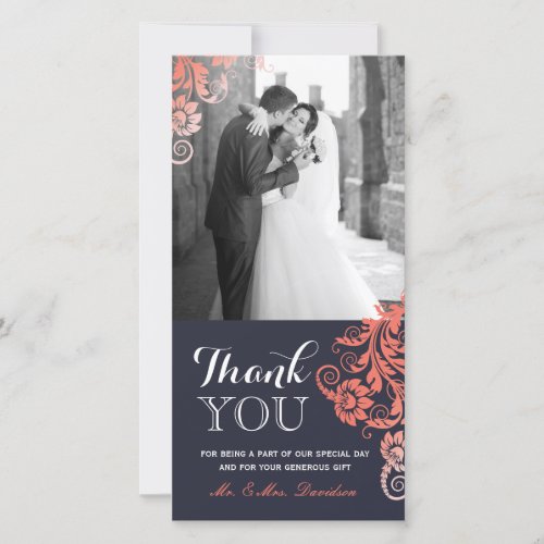 Lovely Coral and Blue Thank You Photo Card 4x8