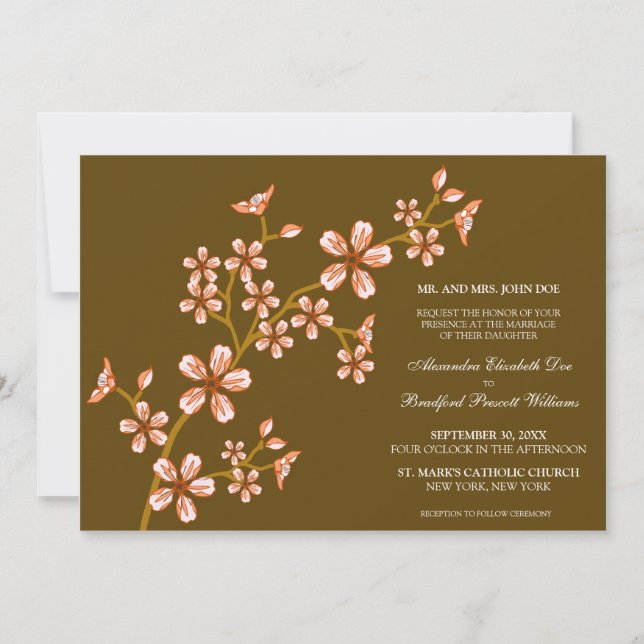 Lovely Coral Cherry Blossom Wedding Invitation (Front)