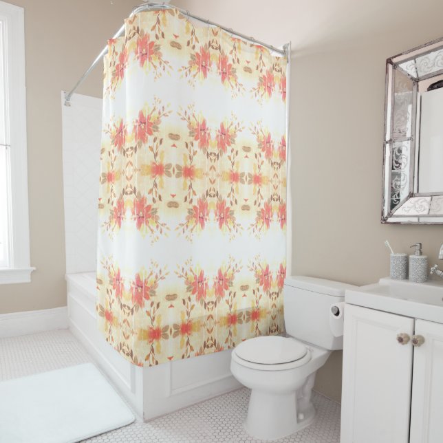 Lovely Coral Flowered Shower Curtain (In Situ)