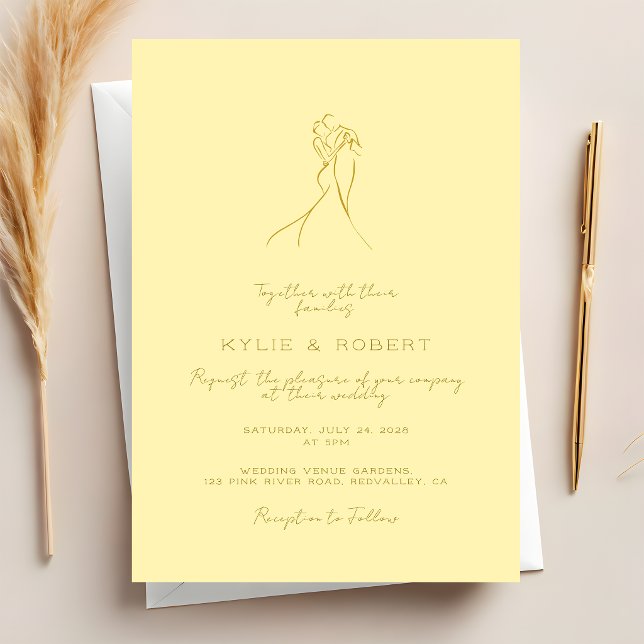 Lovely Couple Drawn Script Butter Yellow Wedding Invitation (Creator Uploaded)
