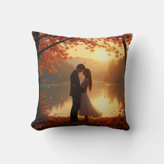 Lovely couple on the lakeside in autumn  throw pillow