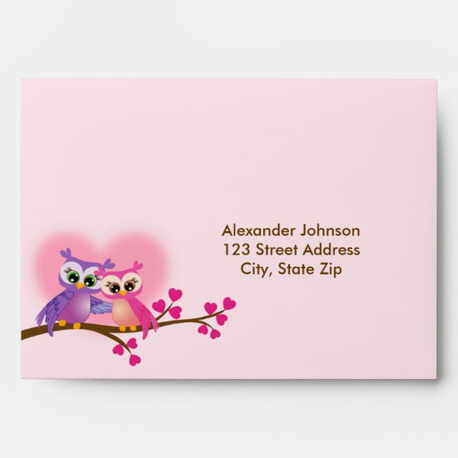 Lovely Couple Owls on a Branch Valentines Day Envelope (Front)