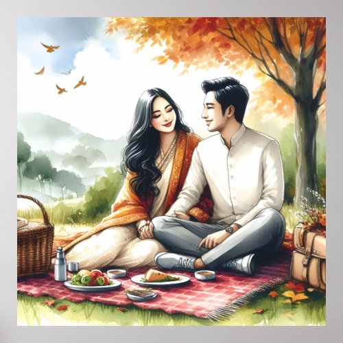 Lovely Couple Picnic enjoying the Autumn Season Poster