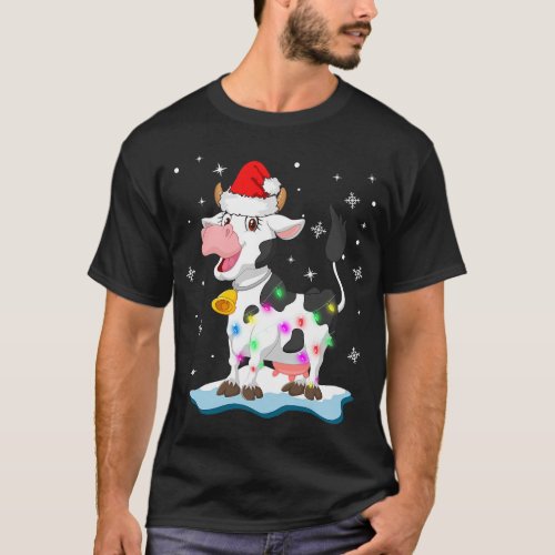 Lovely Cow Santa Xmas Light Tree On Snow Tee Merry