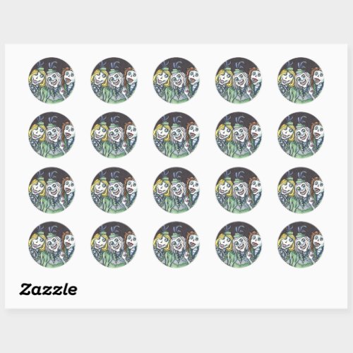 LOVELY CREEPY ZOMBIE BRIDESMAIDS TAKING A SELFIE CLASSIC ROUND STICKER