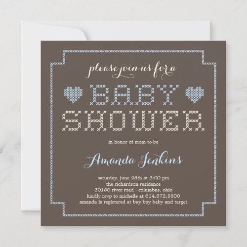 Lovely Cross Stitch Baby Shower Invitation _ Blue