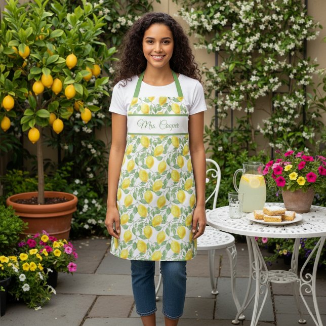 Lovely Custom Name with Lemon Pattern Apron (Lovely lemons apron personalized with custom name. 🍋)