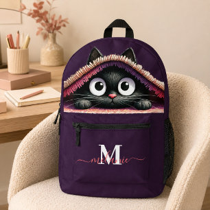 Lovely Cute Black Kitten Purple Custom Name Printed Backpack