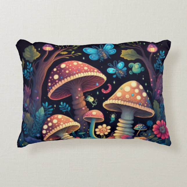 Lovely cute elves play under mushrooms      accent pillow (Front)