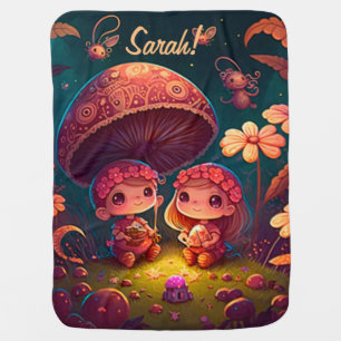 Lovely cute elves play under mushrooms            baby blanket