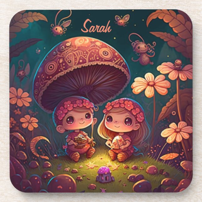 Lovely cute elves play under mushrooms      beverage coaster (Front)