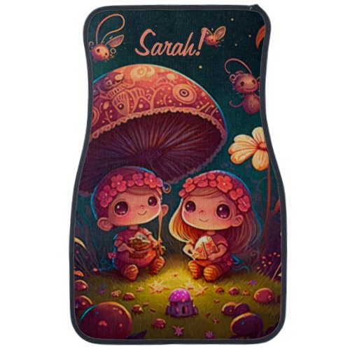 Lovely cute elves play under mushrooms             car floor mat